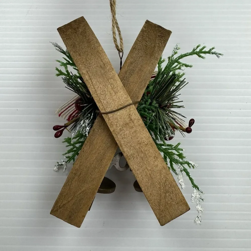 Rustic Noel Christmas Ornament Skis Pinecones Burlap Bow Farmhouse Lodge Cabin